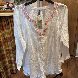 Boho White Women's Swim Coverup with Embroidered Neckline